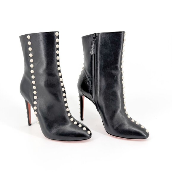Aquazzura Follie Pearl Black Leather Ankle Boots High Heels Size 37 US 7 Women's